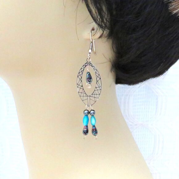 Silver Toned Chandelier Earrings, Hematite Jewelry, Long Dangle Earrings Women - Picture 8 of 9